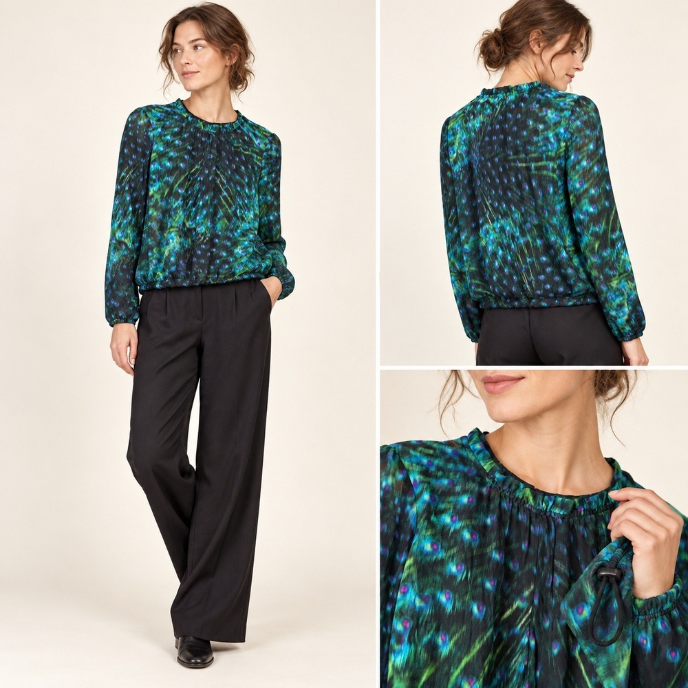 Beate Heymann Street Couture 4 Peacock Silk Viscose Ruffle Neck Blouse Top